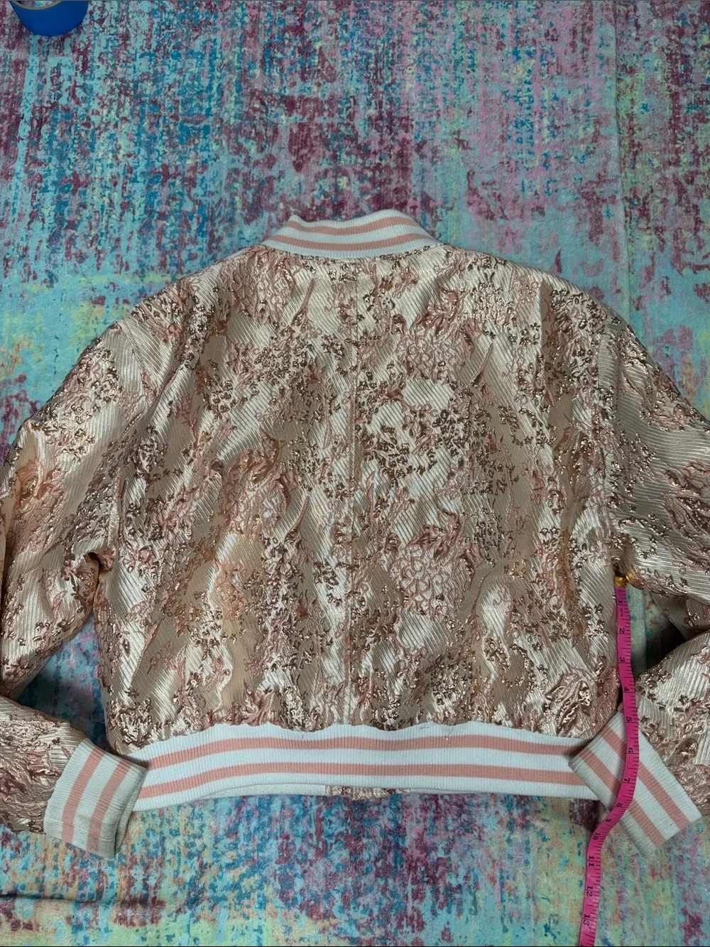 AKIRA Rose Gold Metallic Bomber Jacket with Blush Trim